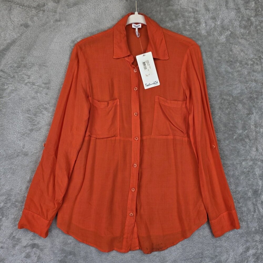 Splendid Shirt Womens XS Orange Double Pocket Button Up Sheer Rayon Blouse Top